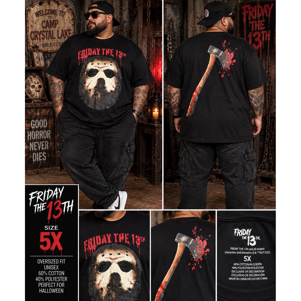 Friday the 13th Jason Voorhees Mask  Bloody Axe Graphic T-Shirt Black 5X